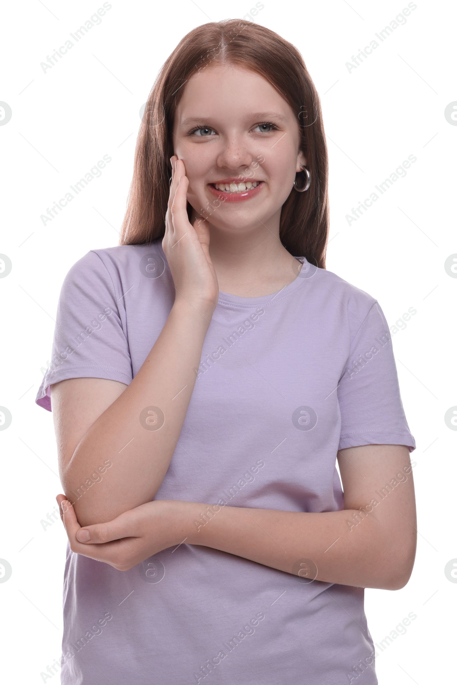 Photo of Portrait of teenage girl on white background