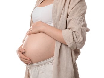 Young pregnant woman on white background, closeup