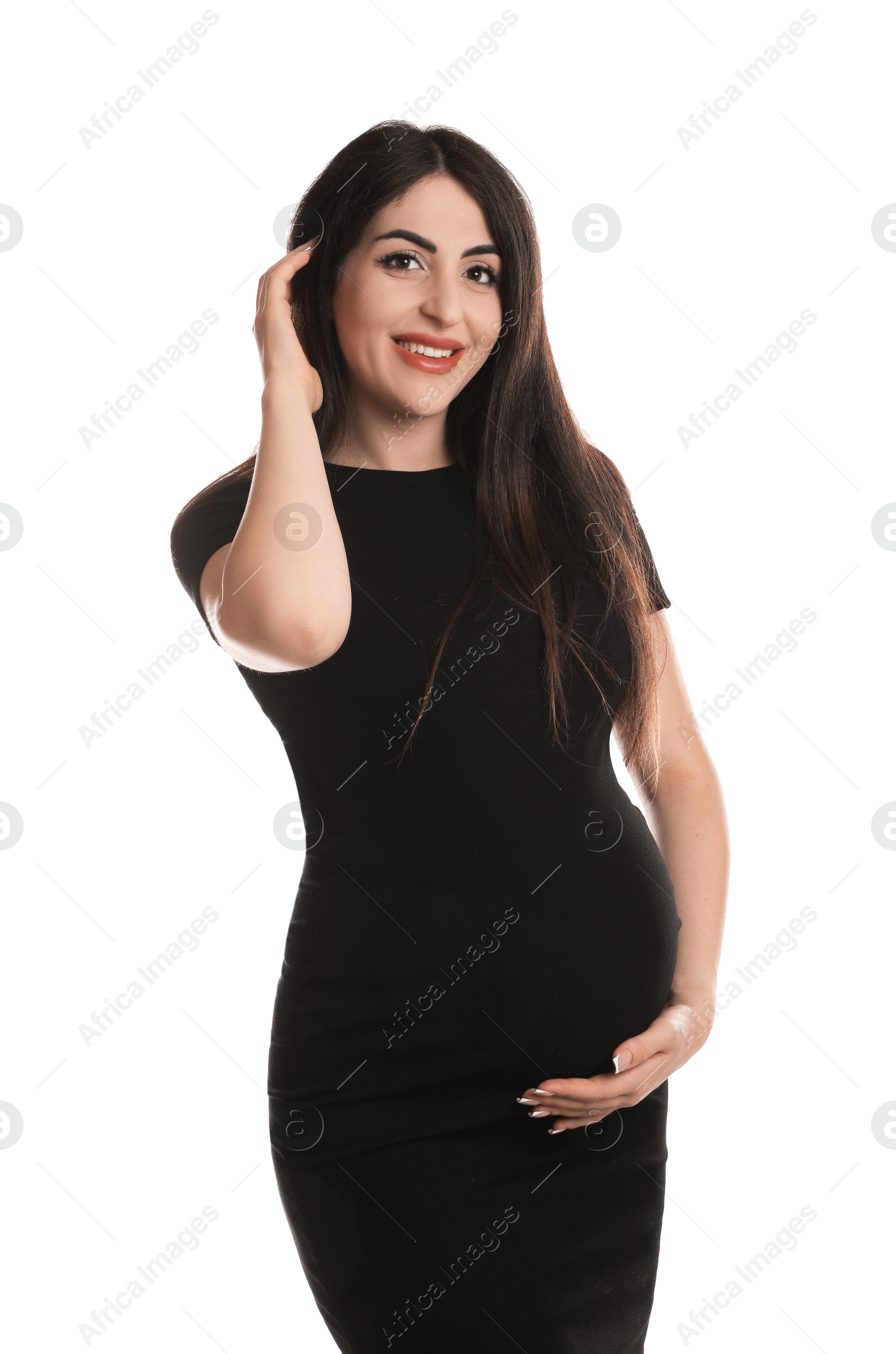 Photo of Portrait of beautiful pregnant woman on white background