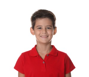 Photo of Portrait of cute little boy on white background