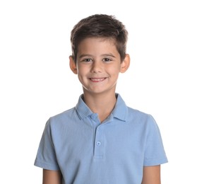 Photo of Portrait of cute little boy on white background