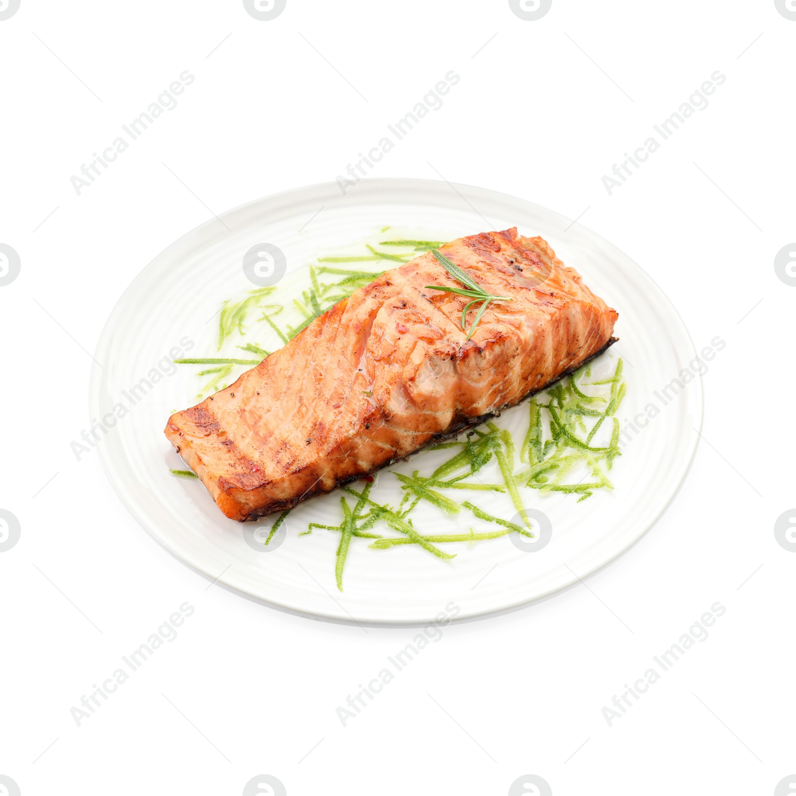 Photo of Delicious grilled salmon fillet with lime zest isolated on white