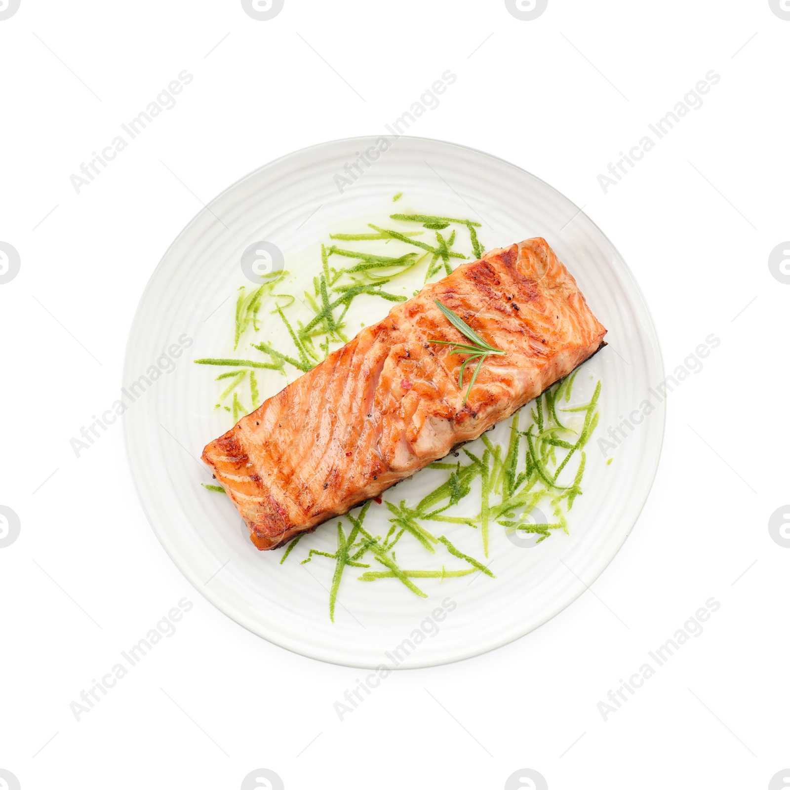 Photo of Delicious grilled salmon fillet with lime zest isolated on white, top view