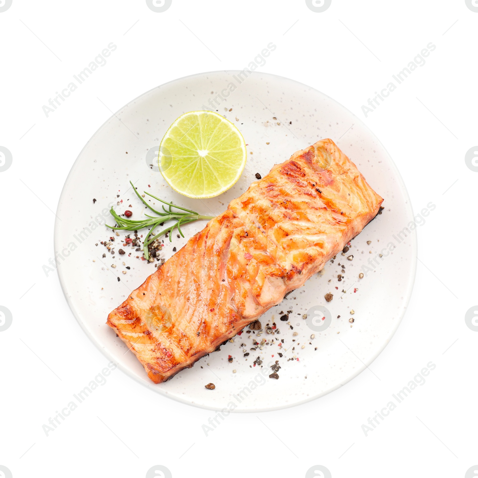 Photo of Delicious grilled salmon fillet with lemon, rosemary and spices isolated on white, top view