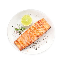 Photo of Delicious grilled salmon fillet with lemon, rosemary and spices isolated on white, top view