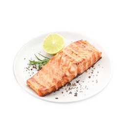 Photo of Delicious grilled salmon fillet with lemon, rosemary and spices isolated on white