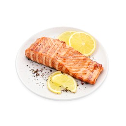 Photo of Delicious grilled salmon fillet with lemon slices and spices isolated on white