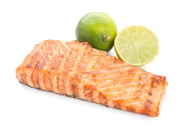 Photo of Delicious grilled salmon fillet with lime isolated on white