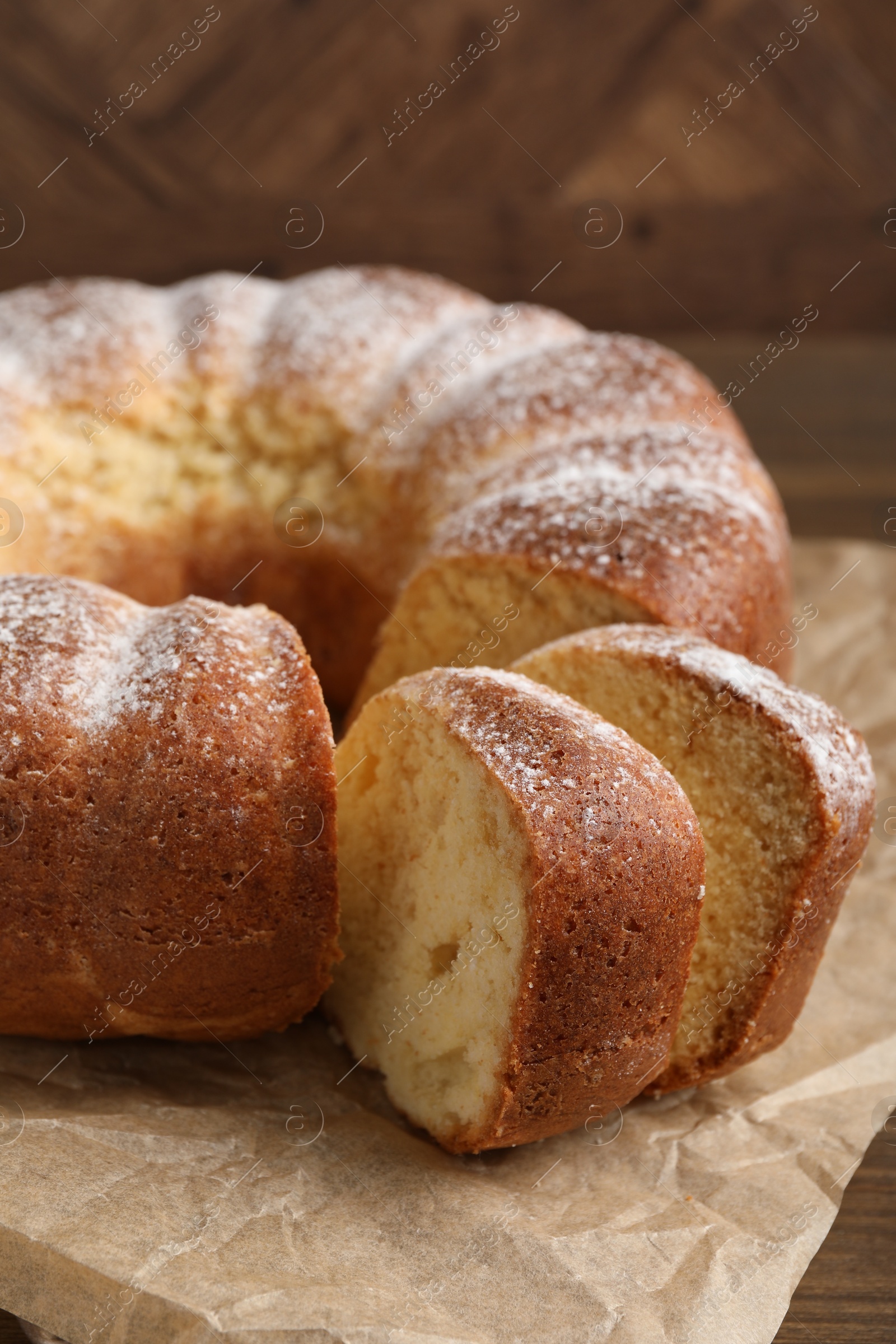 Photo of Freshly baked sponge cake on table, closeup