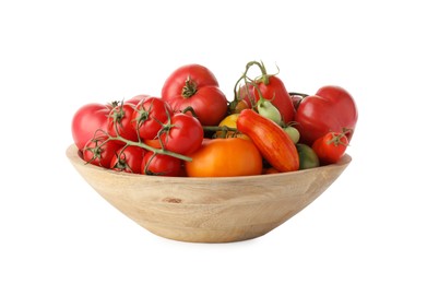 Photo of Different ripe tomatoes in bowl isolated on white