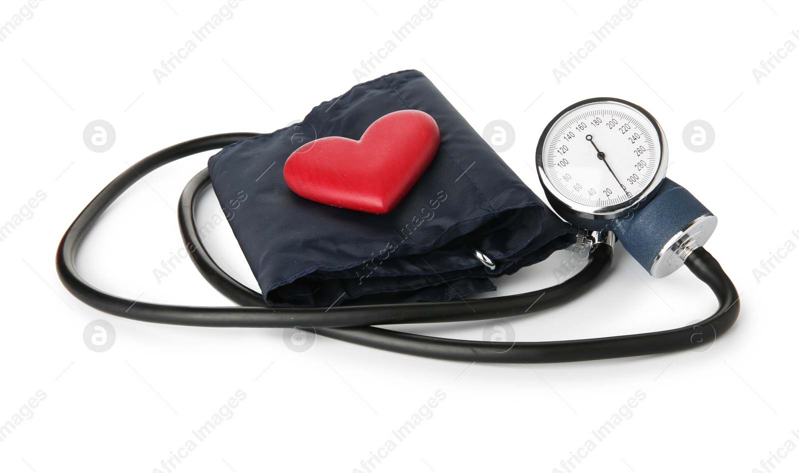 Photo of Blood pressure measuring device and red decorative heart isolated on white