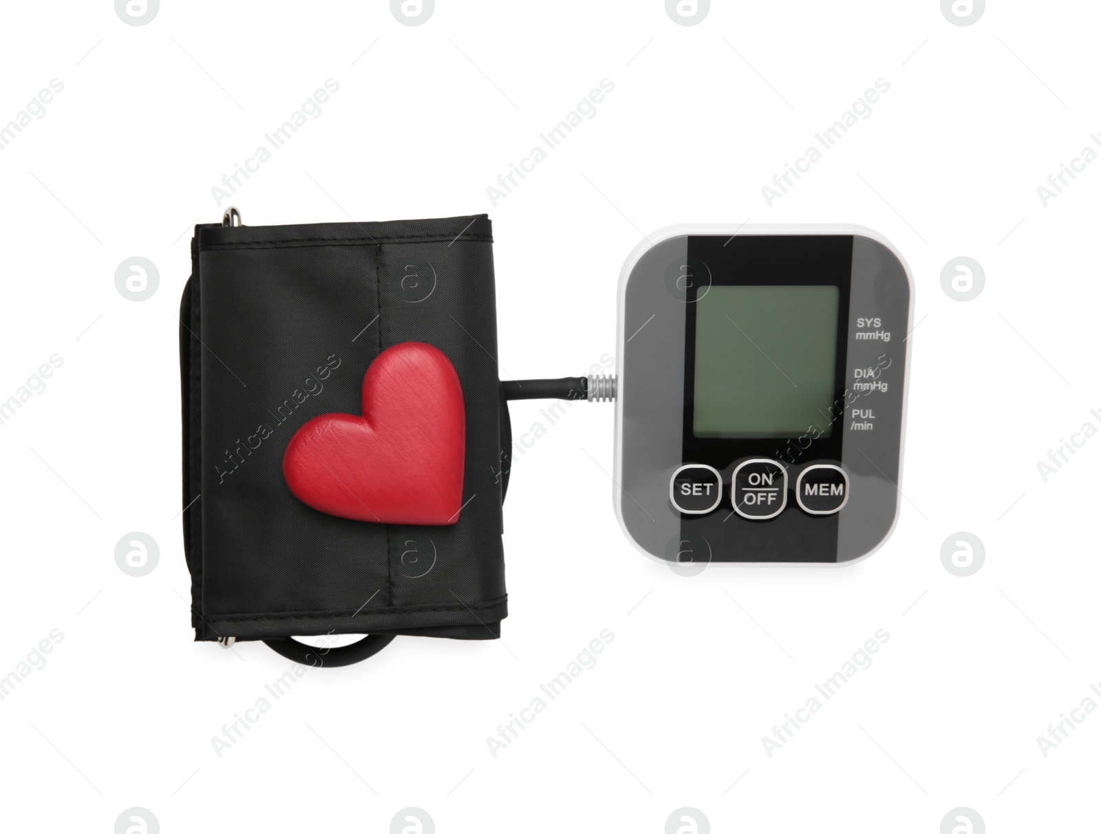 Photo of Blood pressure monitor and red decorative heart isolated on white, top view