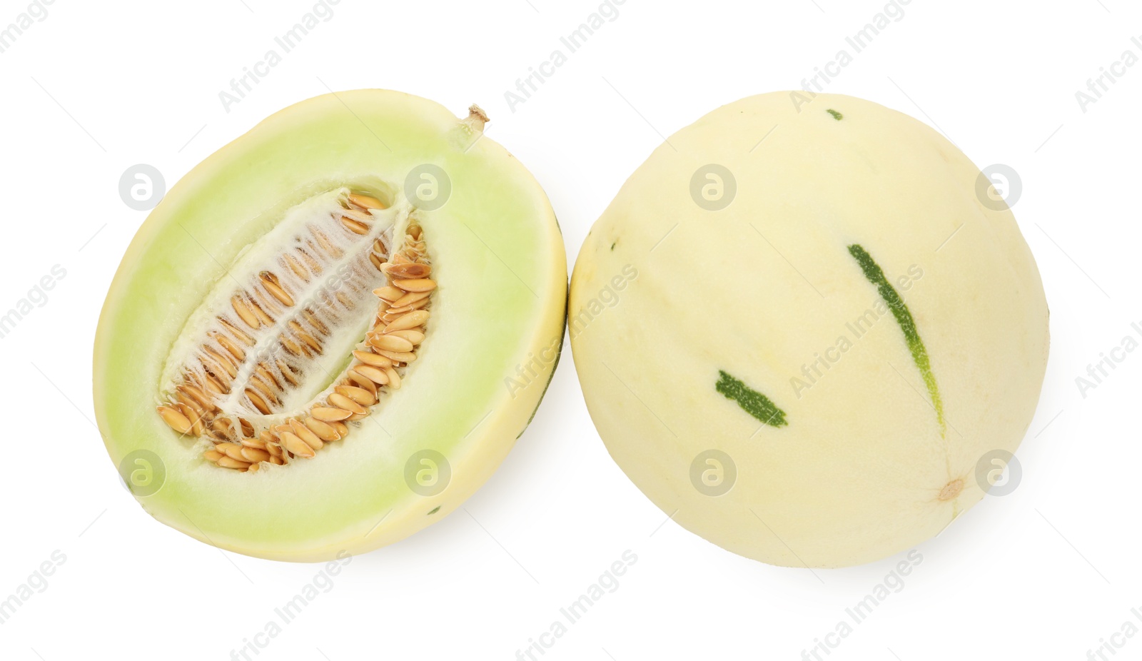 Photo of Whole and cut fresh ripe honeydew melons isolated on white