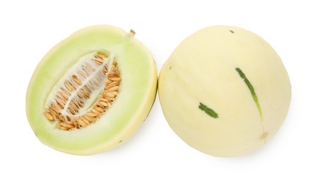 Photo of Whole and cut fresh ripe honeydew melons isolated on white