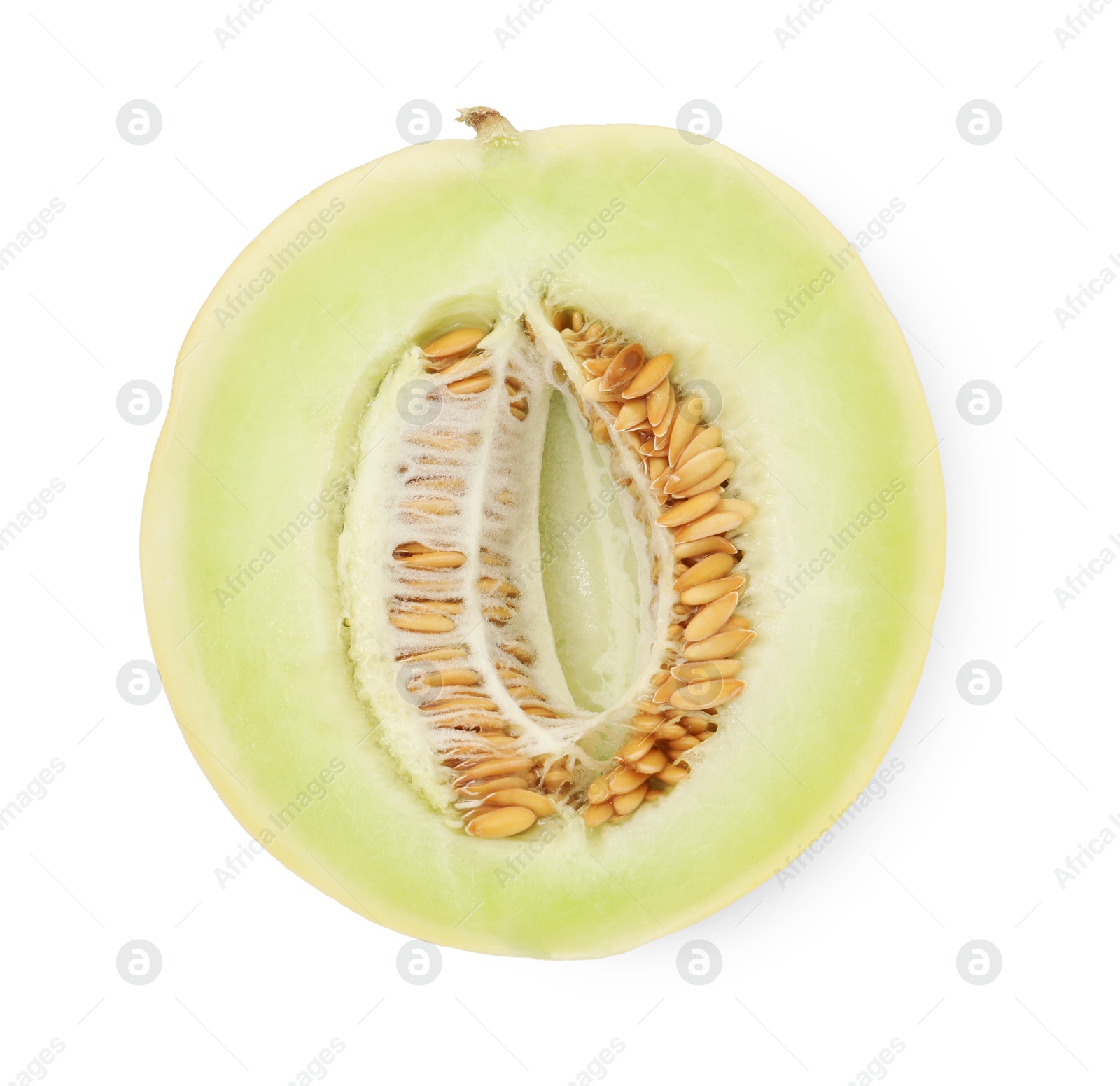 Photo of Half of fresh ripe honeydew melon isolated on white, top view