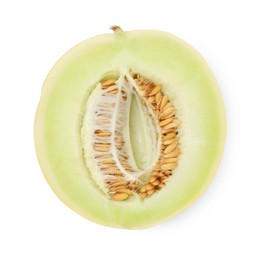 Photo of Half of fresh ripe honeydew melon isolated on white, top view