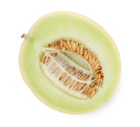 Photo of Half of fresh ripe honeydew melon isolated on white, top view