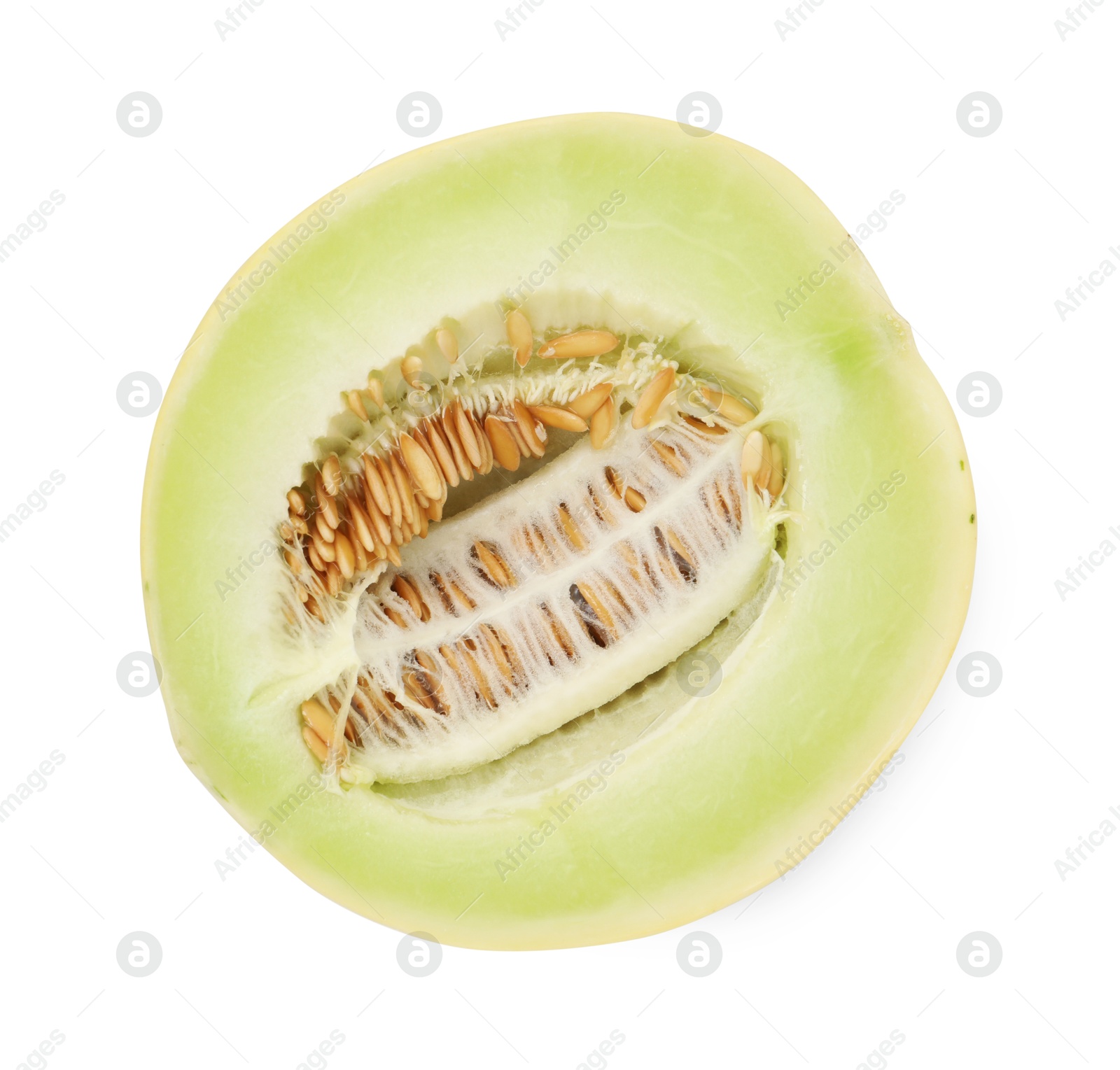 Photo of Half of fresh ripe honeydew melon isolated on white, top view