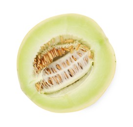 Photo of Half of fresh ripe honeydew melon isolated on white, top view