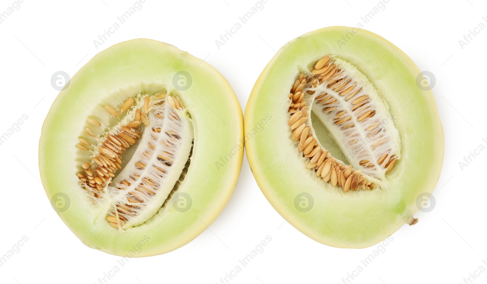 Photo of Cut fresh ripe honeydew melon isolated on white, top view