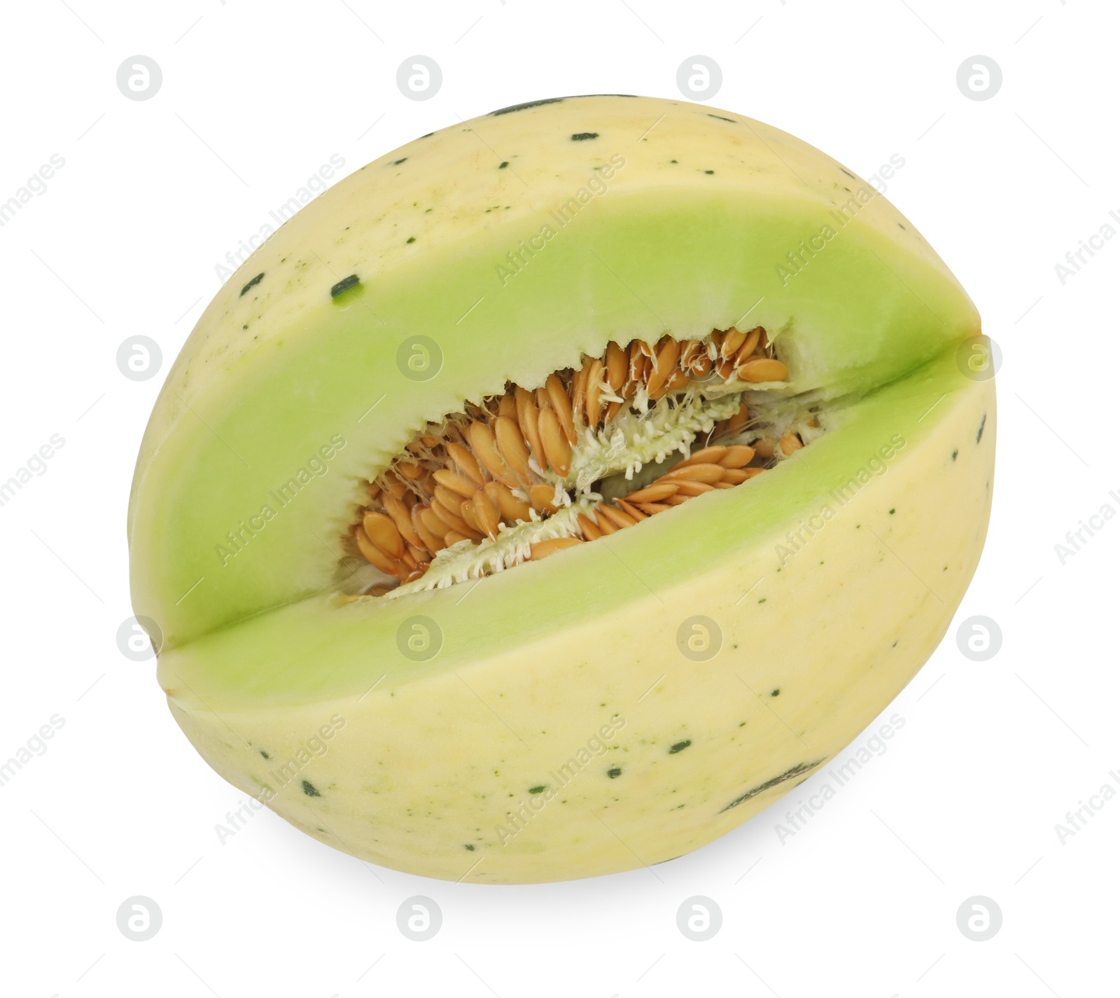 Photo of Cut fresh ripe honeydew melon isolated on white, top view