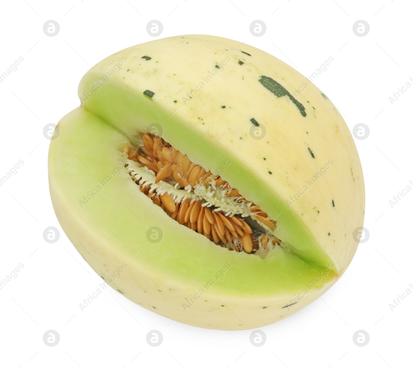 Photo of Cut fresh ripe honeydew melon isolated on white