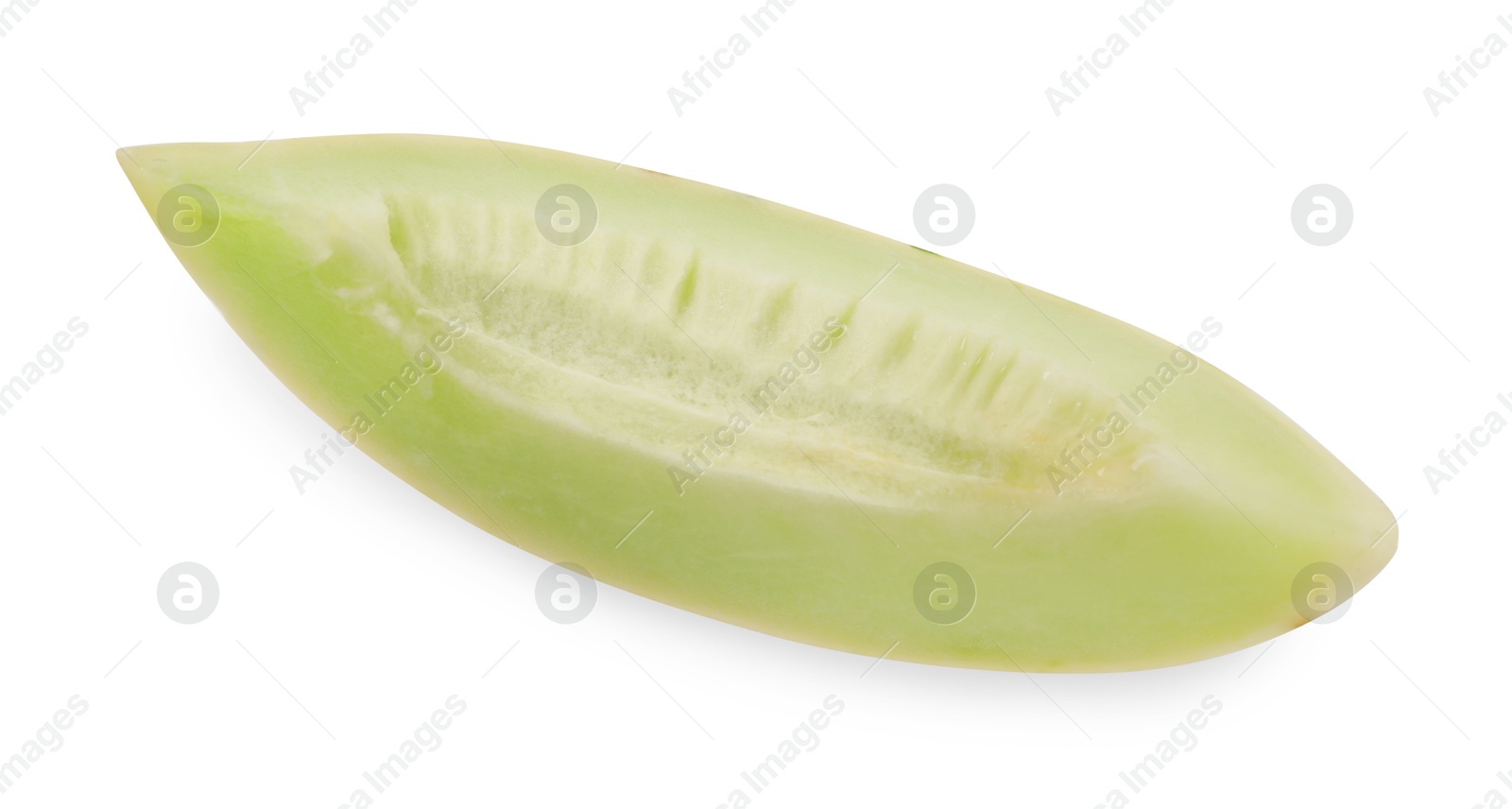 Photo of Slice of fresh ripe honeydew melon isolated on white, top view