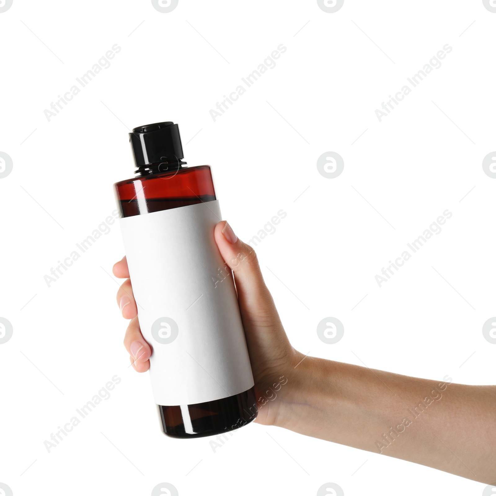 Photo of Woman with shampoo bottle on white background, closeup