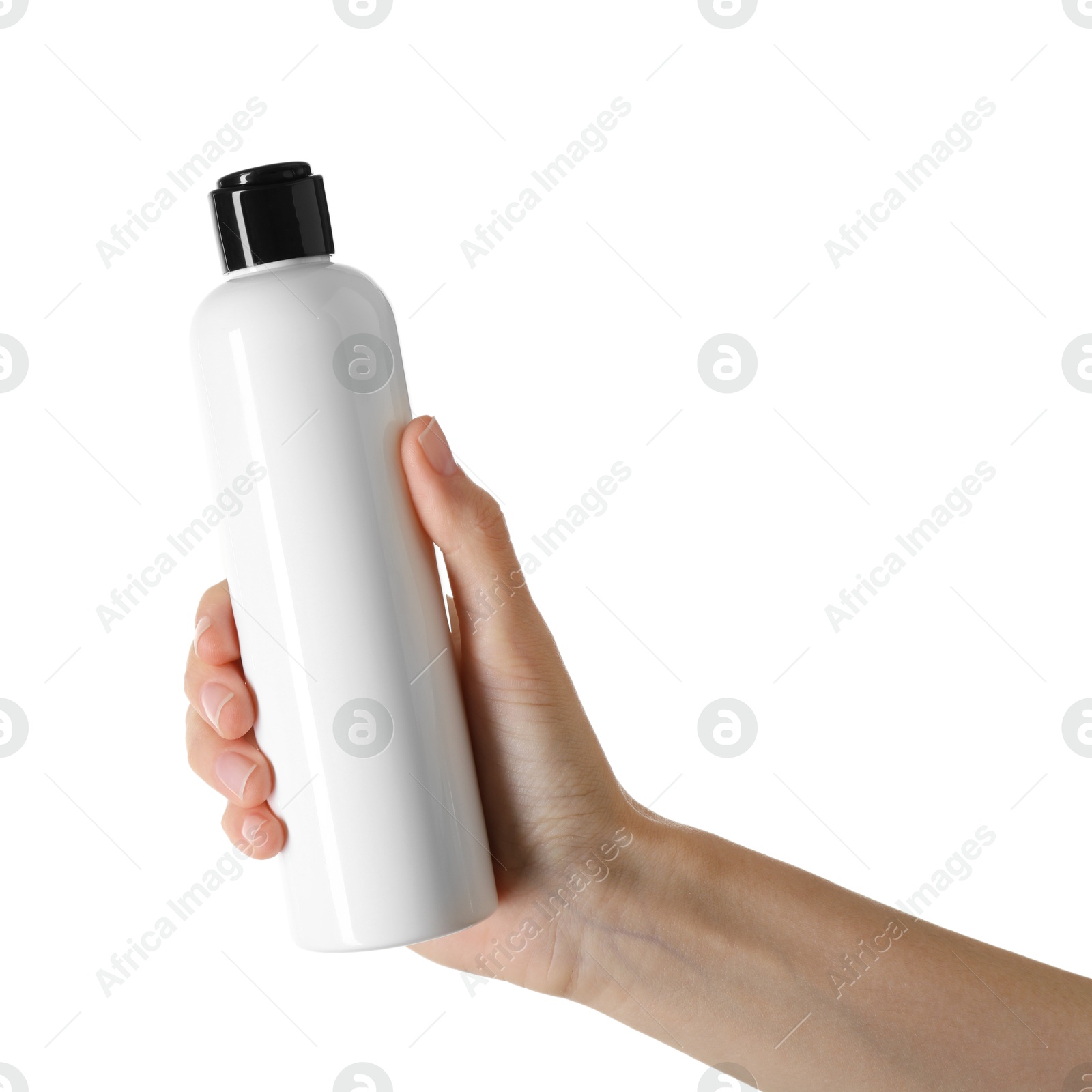 Photo of Woman with shampoo bottle on white background, closeup