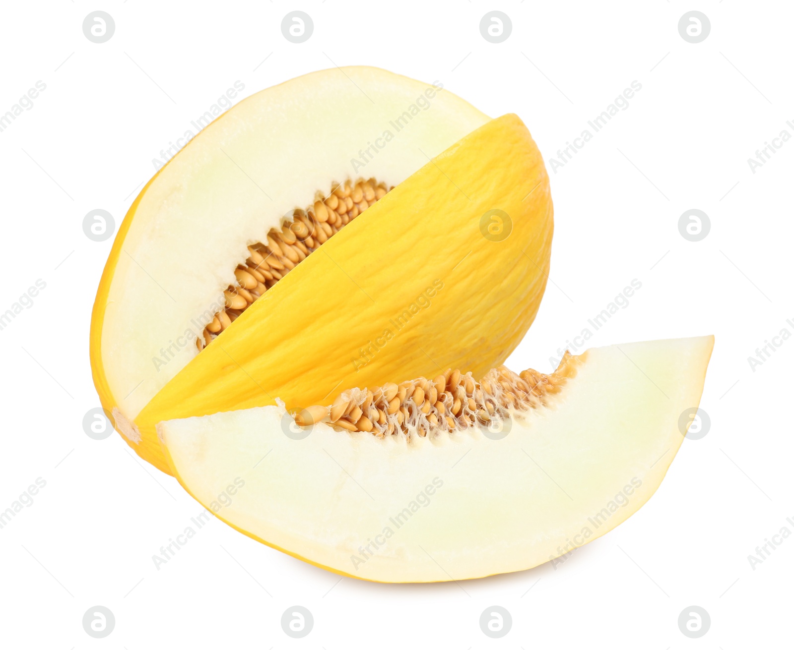 Photo of Cut fresh ripe melon isolated on white