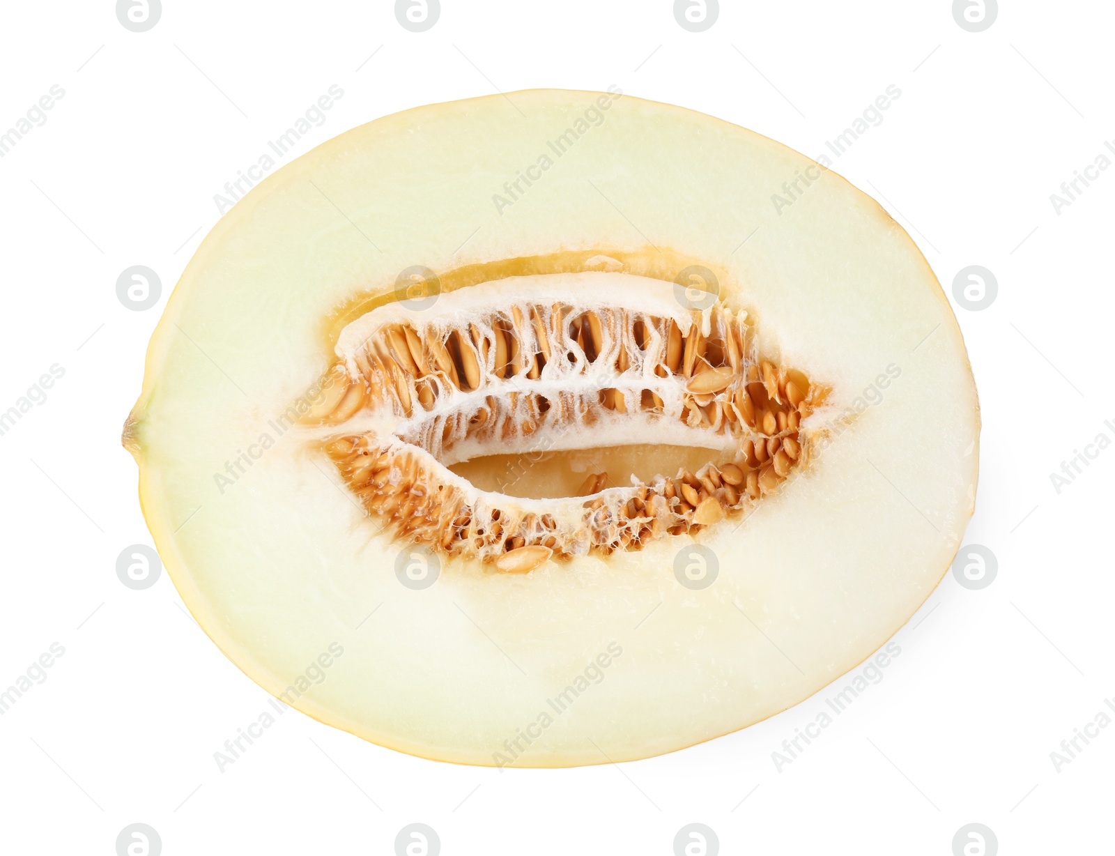 Photo of Half of ripe melon isolated on white, top view