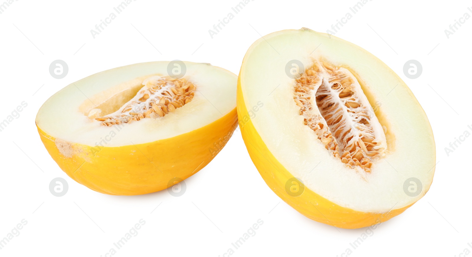 Photo of Halves of ripe melon isolated on white