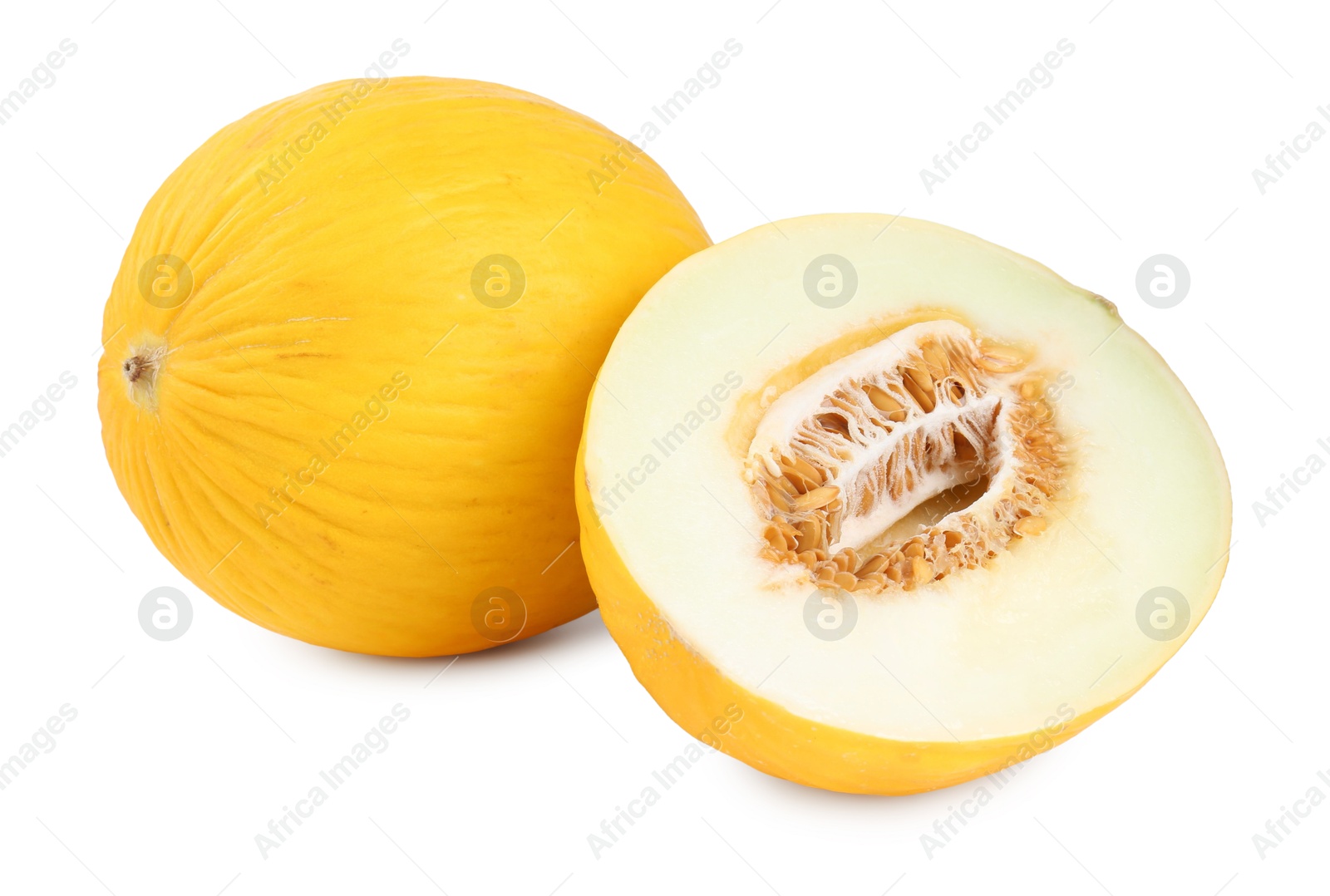 Photo of Whole and cut ripe melons isolated on white