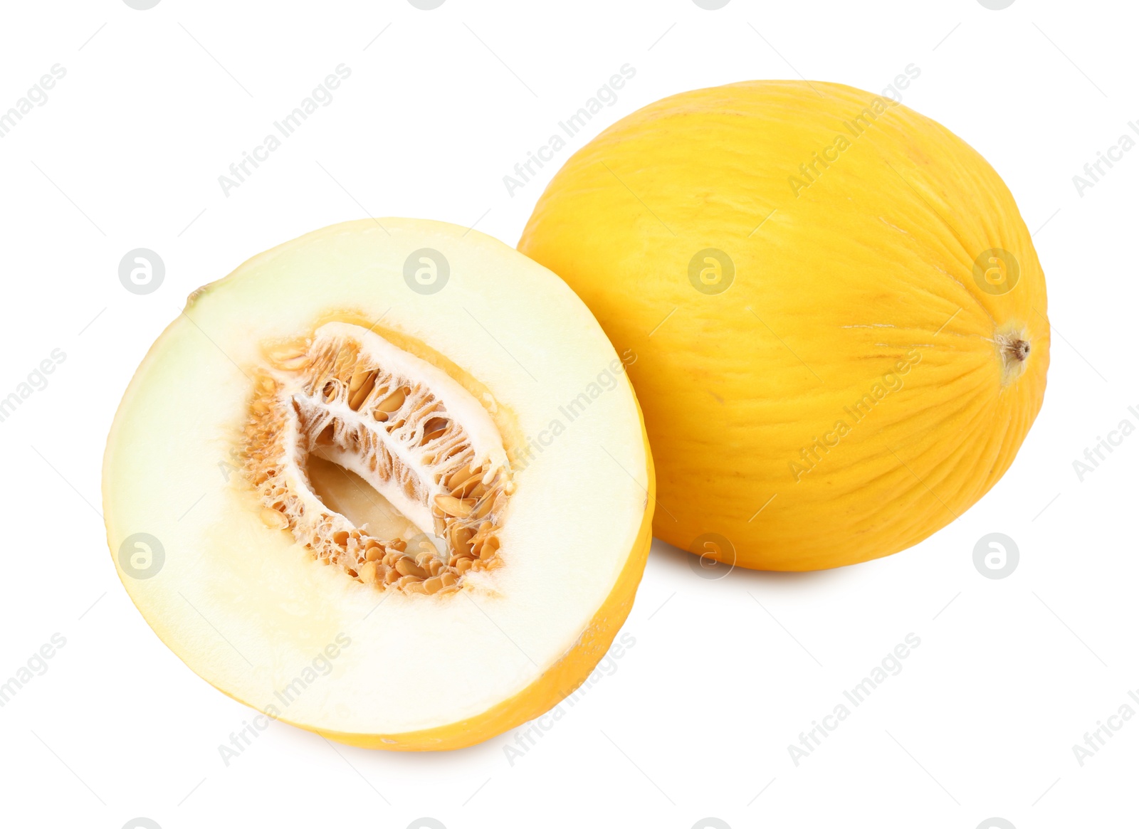 Photo of Whole and cut ripe melons isolated on white