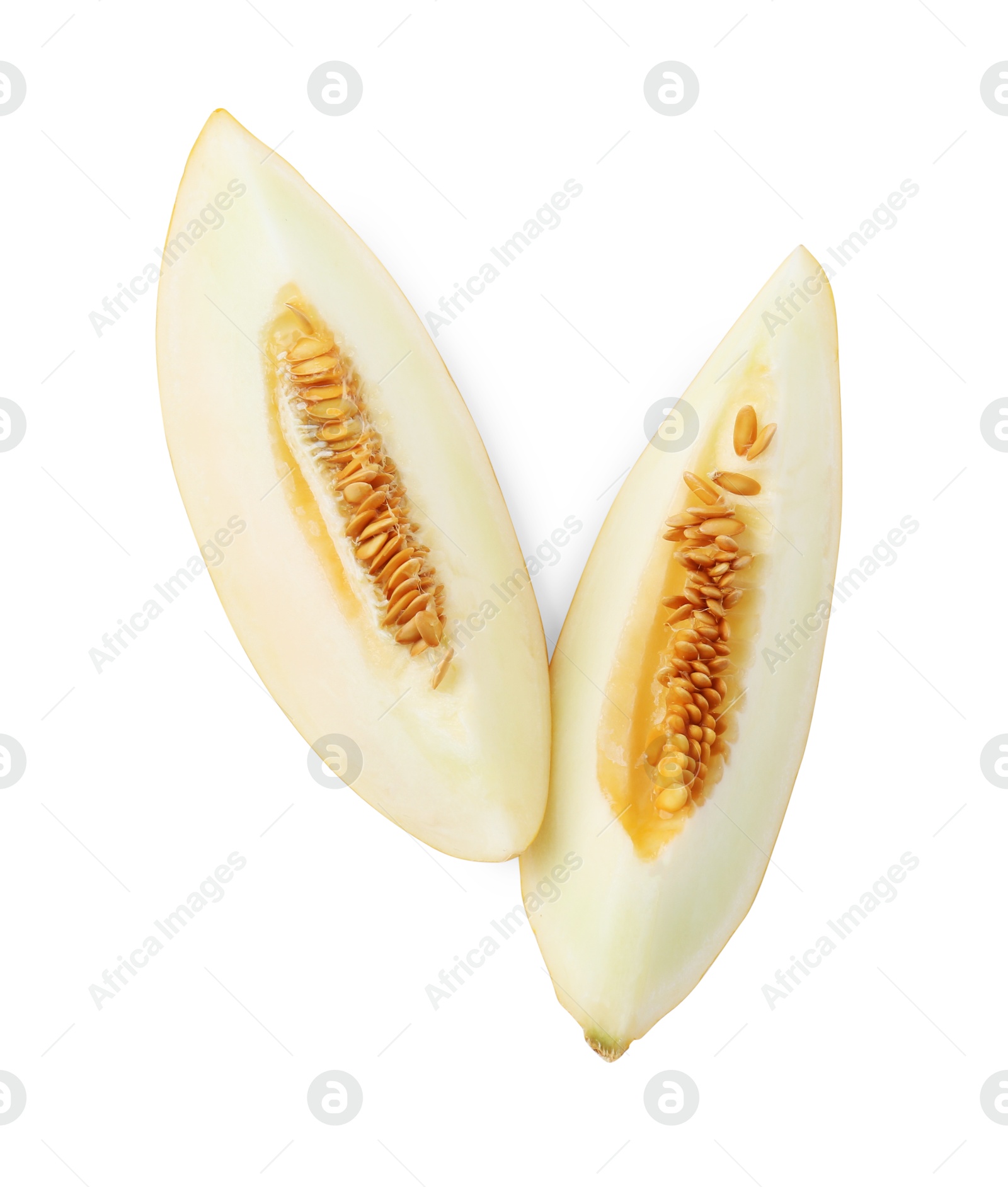 Photo of Slices of fresh melon isolated on white, top view