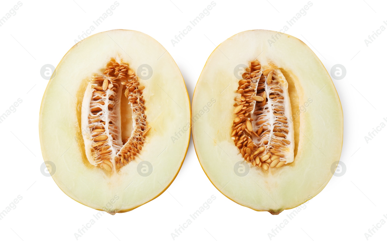 Photo of Halves of fresh melon isolated on white, above view