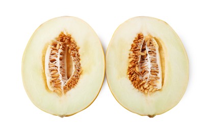 Photo of Halves of fresh melon isolated on white, above view