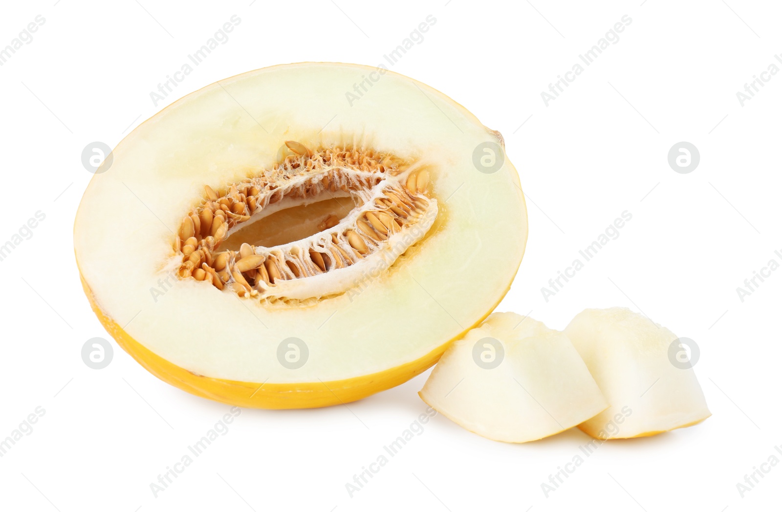 Photo of Pieces of fresh melon isolated on white