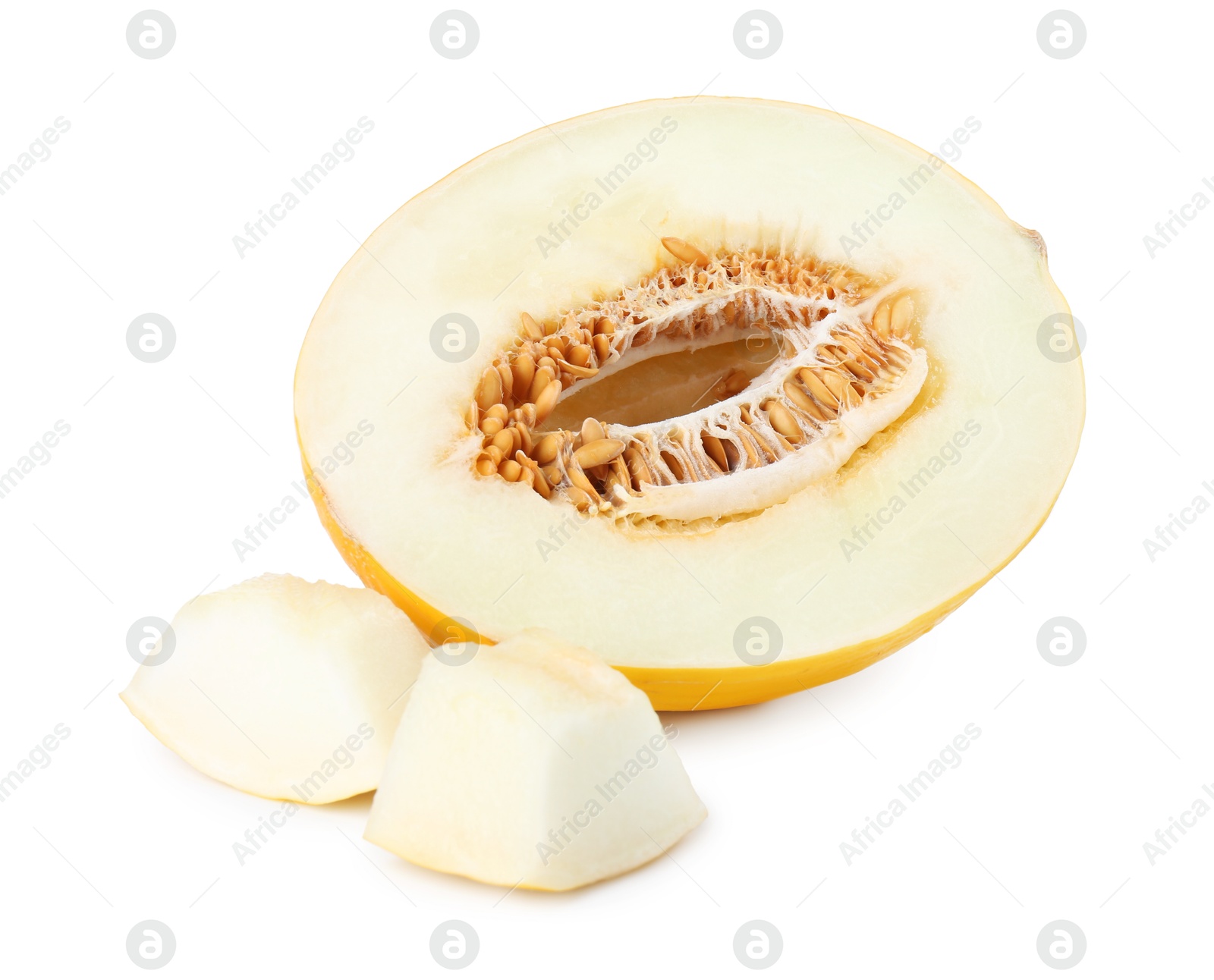 Photo of Pieces of fresh melon isolated on white