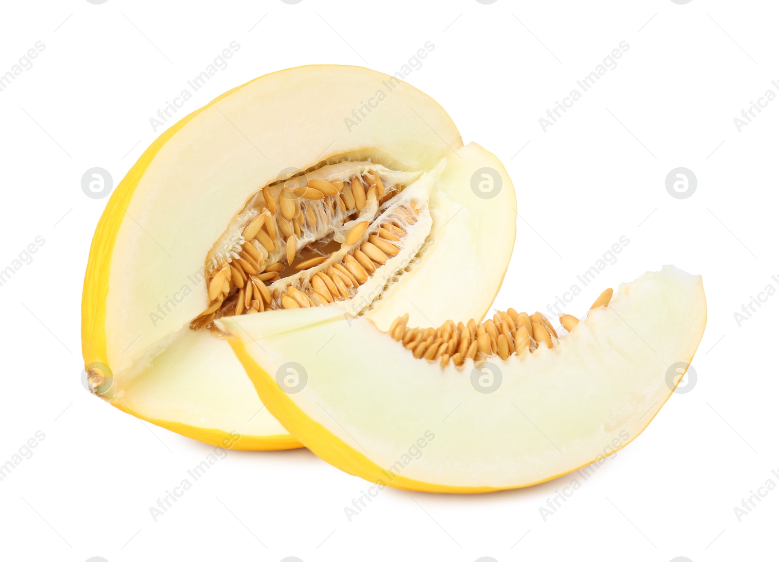 Photo of Pieces of fresh melon on white background