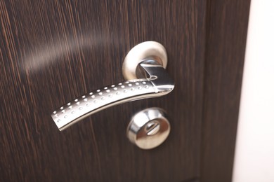 View of door with modern metal handle, closeup