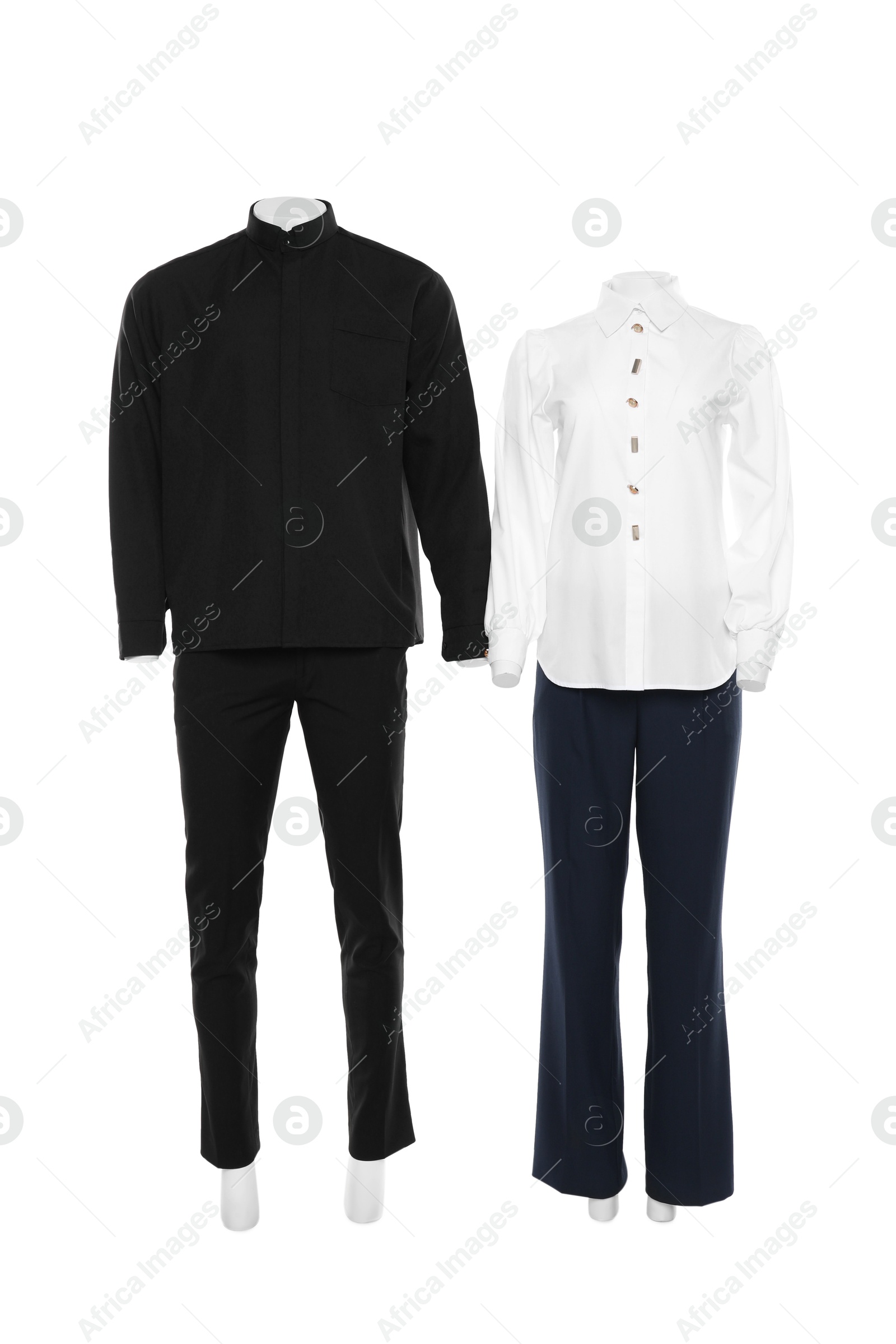 Photo of Female and male mannequins with stylish outfits isolated on white