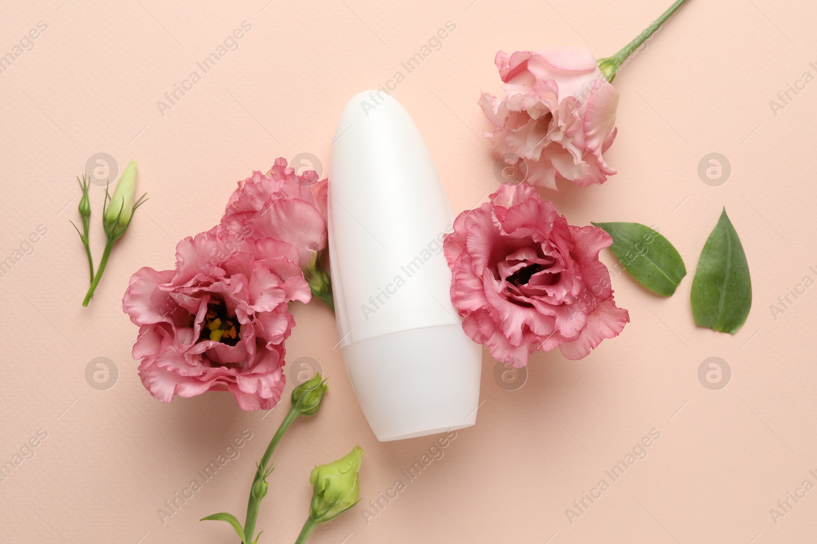 Photo of Roll-on deodorant and beautiful eustoma flowers on beige background, flat lay