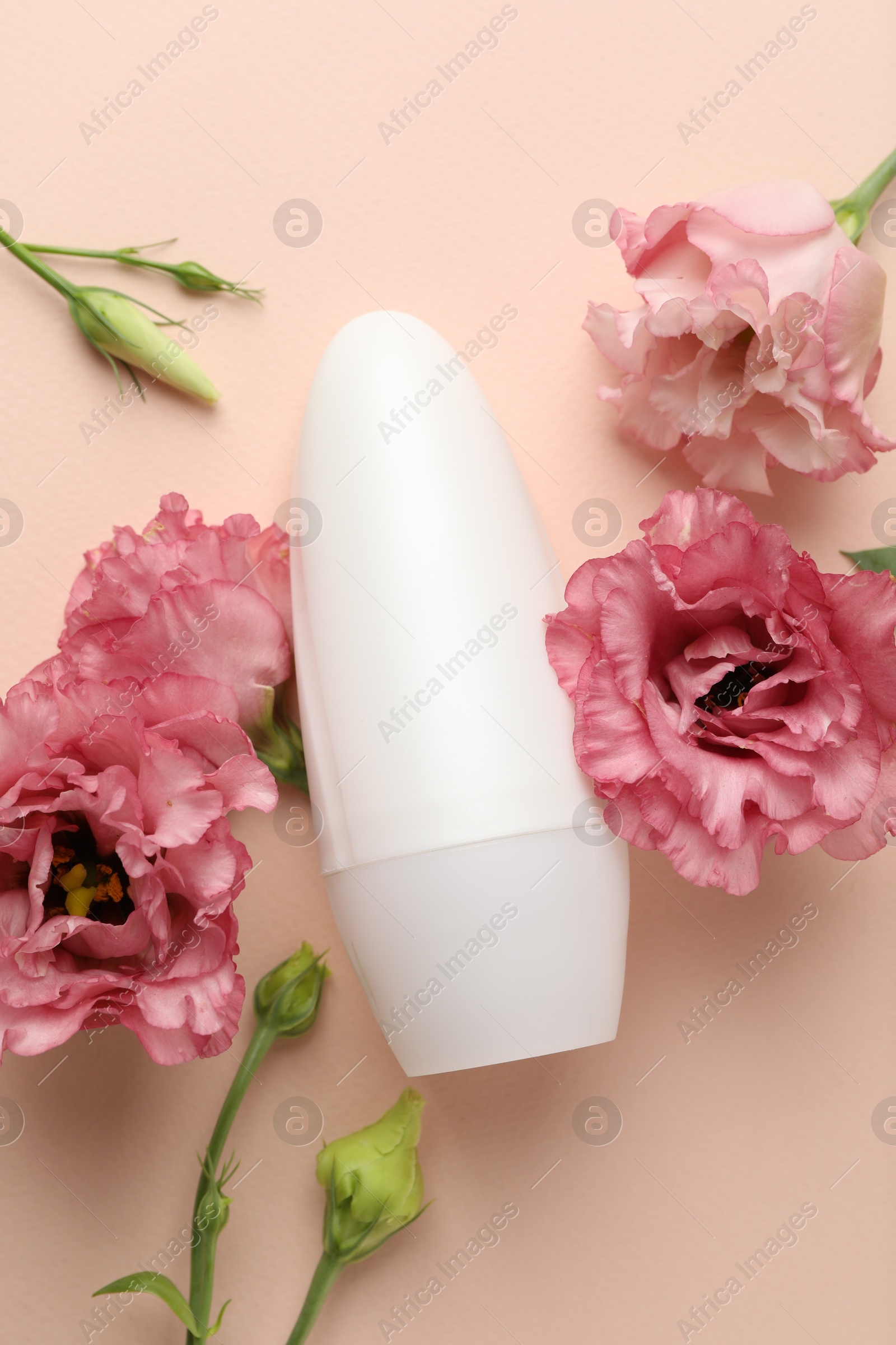 Photo of Roll-on deodorant and beautiful eustoma flowers on beige background, flat lay