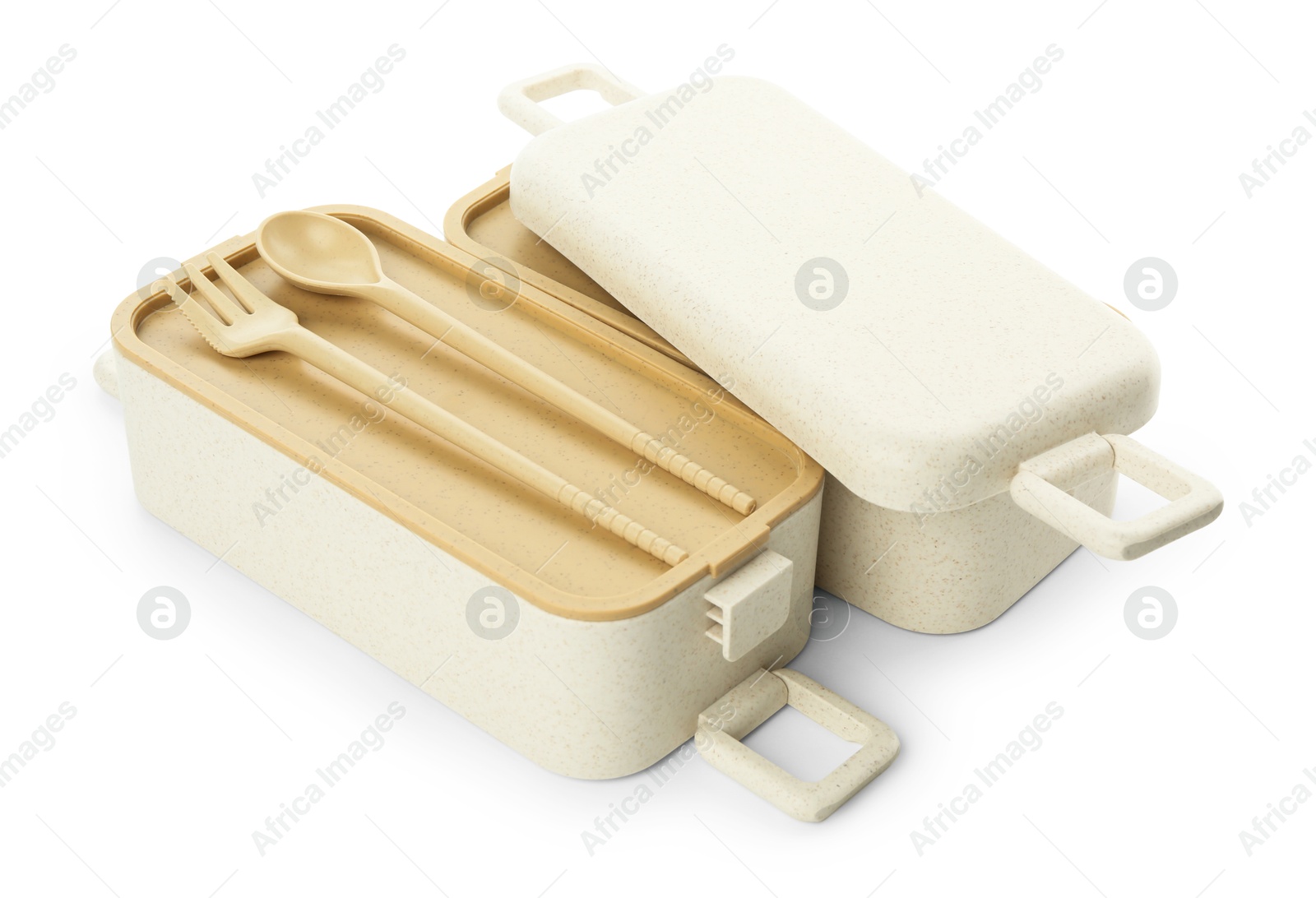 Photo of Compartments of plastic lunch box with cutlery isolated on white