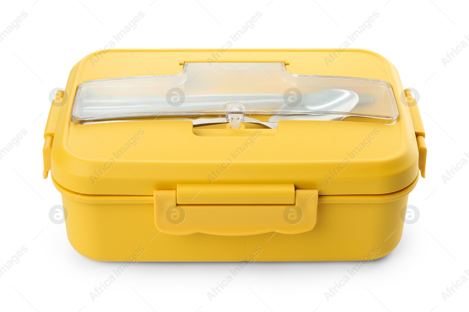 Photo of Yellow lunch box with cutlery isolated on white