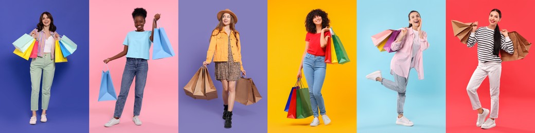 Image of Happy women with shopping bags on different colors backgrounds. Collage of photos