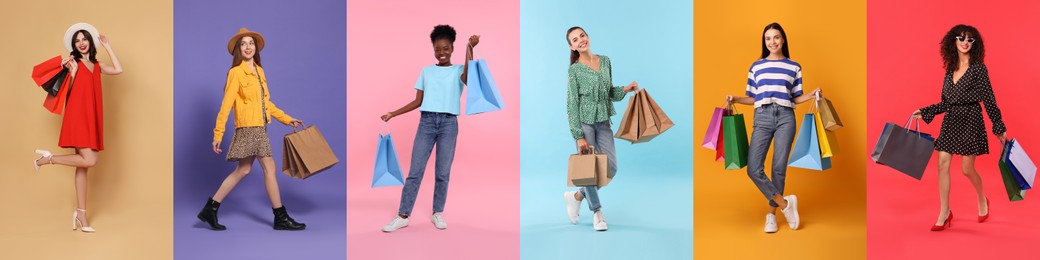 Happy women with shopping bags on different colors backgrounds. Collage of photos