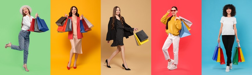 Happy women with shopping bags on different colors backgrounds. Collage of photos