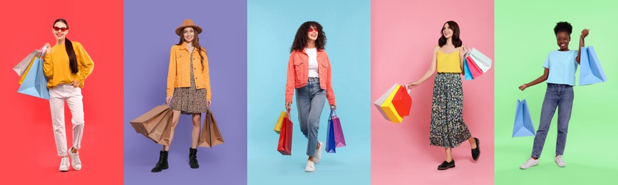 Happy women with shopping bags on different colors backgrounds. Collage of photos